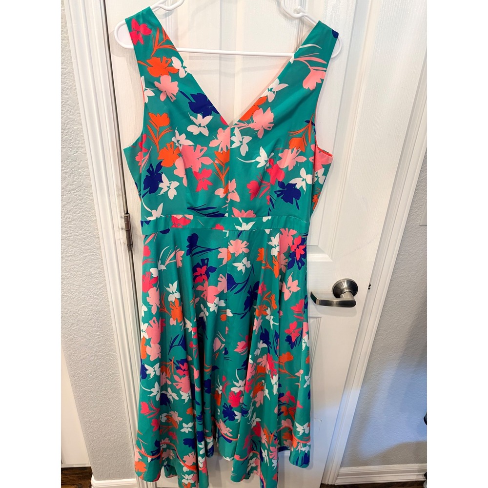 Vince Camuto Fit and Flare Dress Teal Floral V-Neck Sleeveless Midi Party Summer